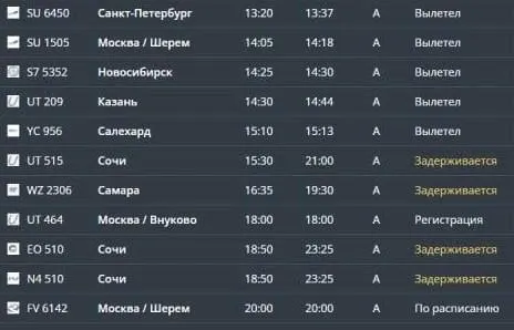 Онлайн-табло показывает перенос вылетов; два рейса в Сочи предварительно назначены на 23:25. Комментарий аэропорта пока не получен.
