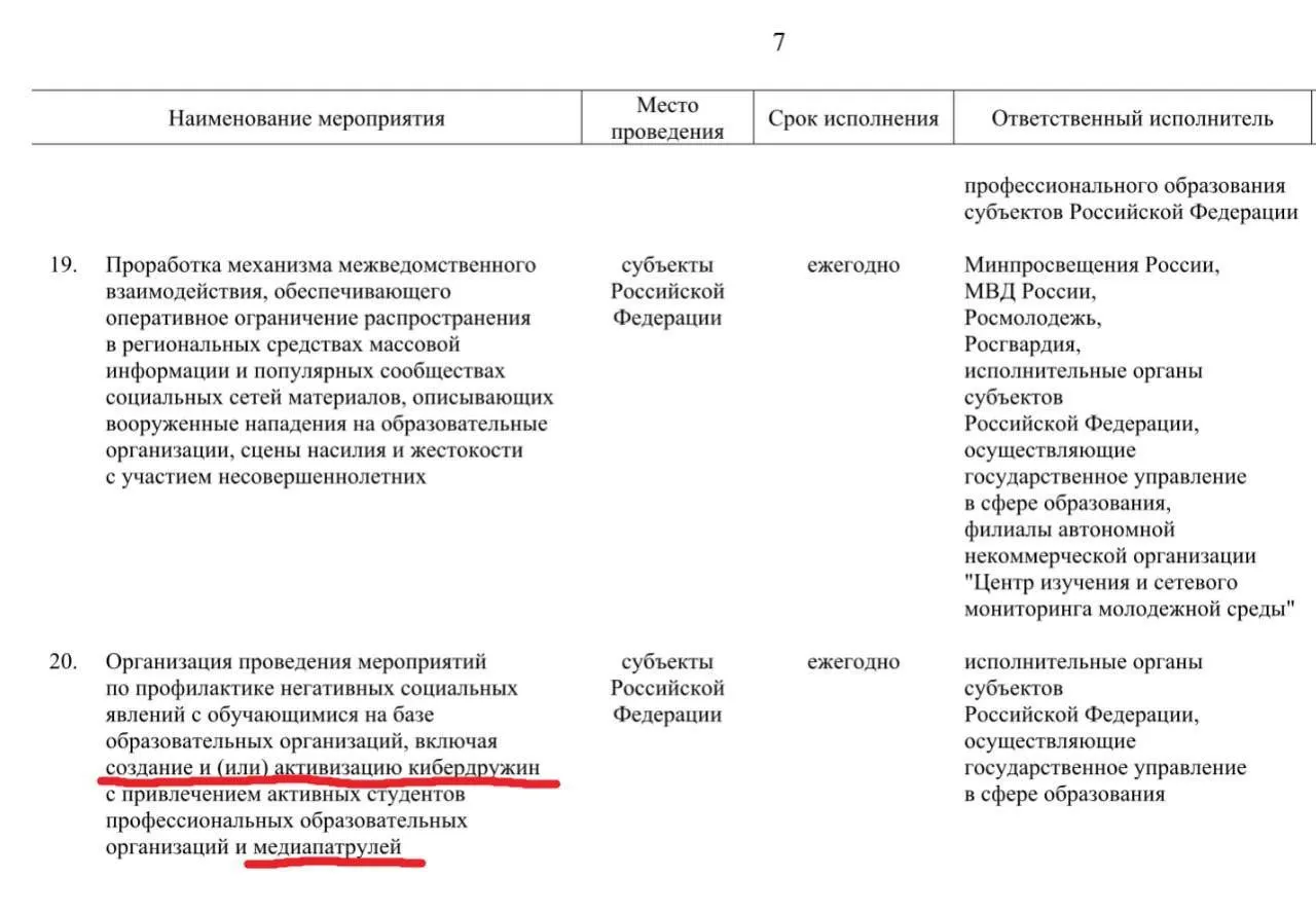 Государственные документы предполагают привлечение активных учащихся профессиональных образовательных организаций к патрулированию соцсетей и выявлению «негативных» материалов. Запуск инициативы запланирован до 2030 года.