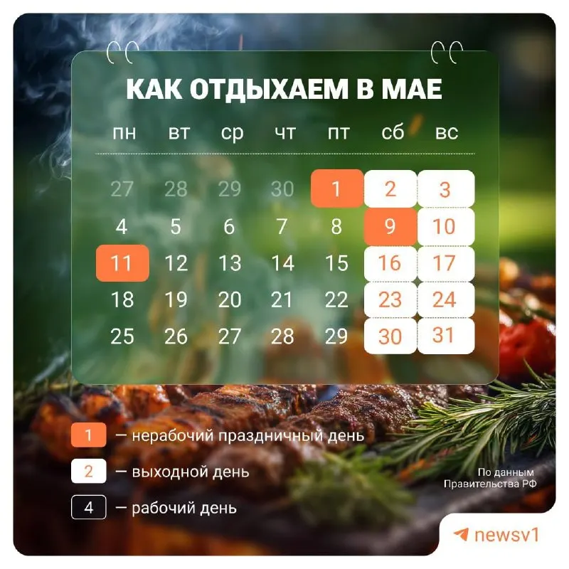 С 9 по 11 мая объявлены официальные нерабочие дни, посвящённые празднованию Дня Победы.