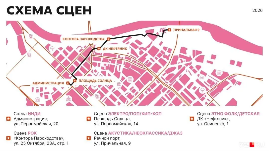 Всероссийский фестиваль с более 100 музыкантами и пятью сценами в центре Тюмени. Вход свободный, в программе — концерты, диджей-сеты, ярмарка и фуд-точки.