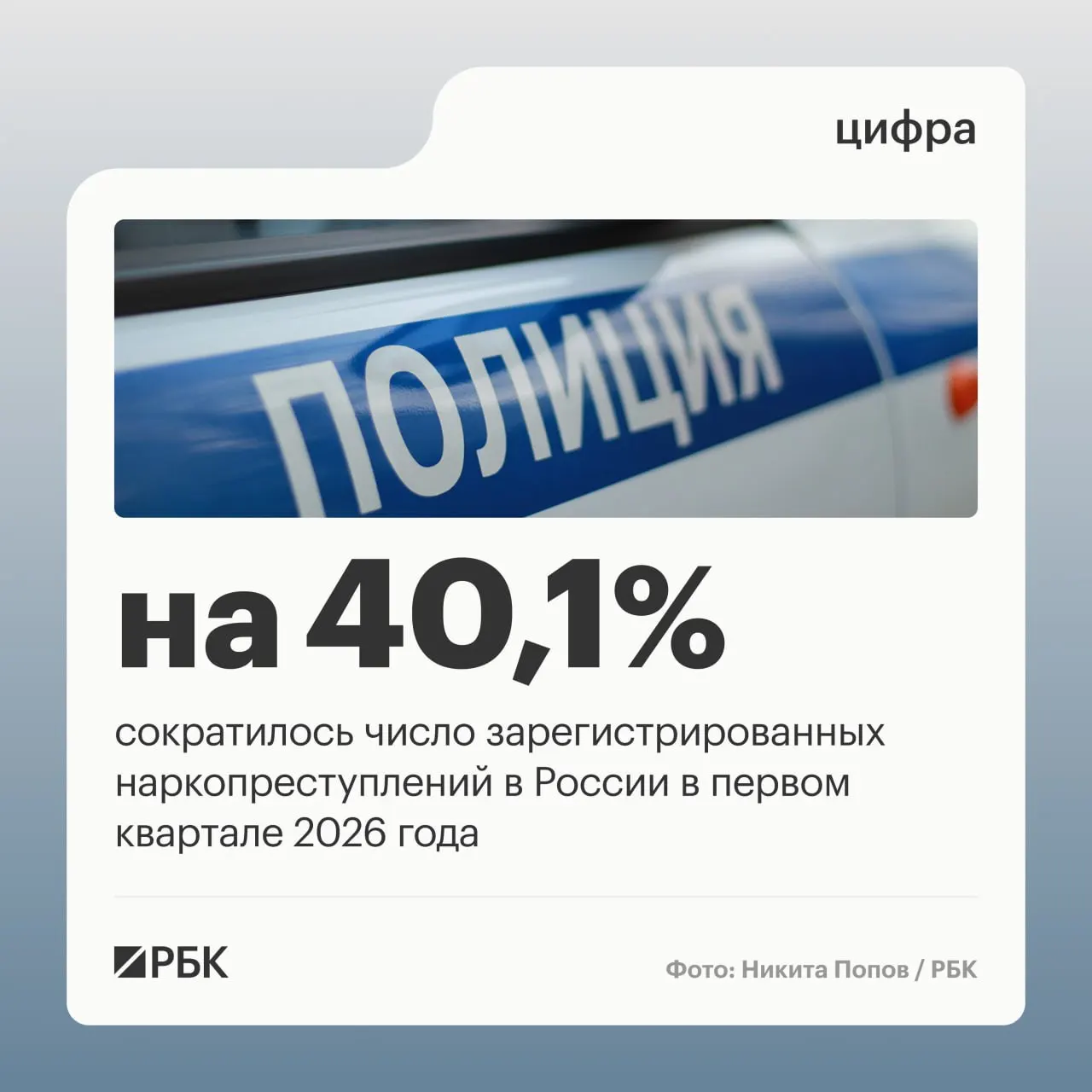 По данным аппарата Совета безопасности России, в первом квартале доля зарегистрированных наркопреступлений упала с 12,8% до 9,2%, а общее число таких преступлений сократилось на 40,1%.