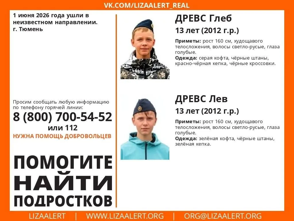 Братья Глеб и Лев Древс ушли из дома 1 июня и не вернулись. Волонтёры просят сообщать любую информацию по телефонам или в экстренные службы.