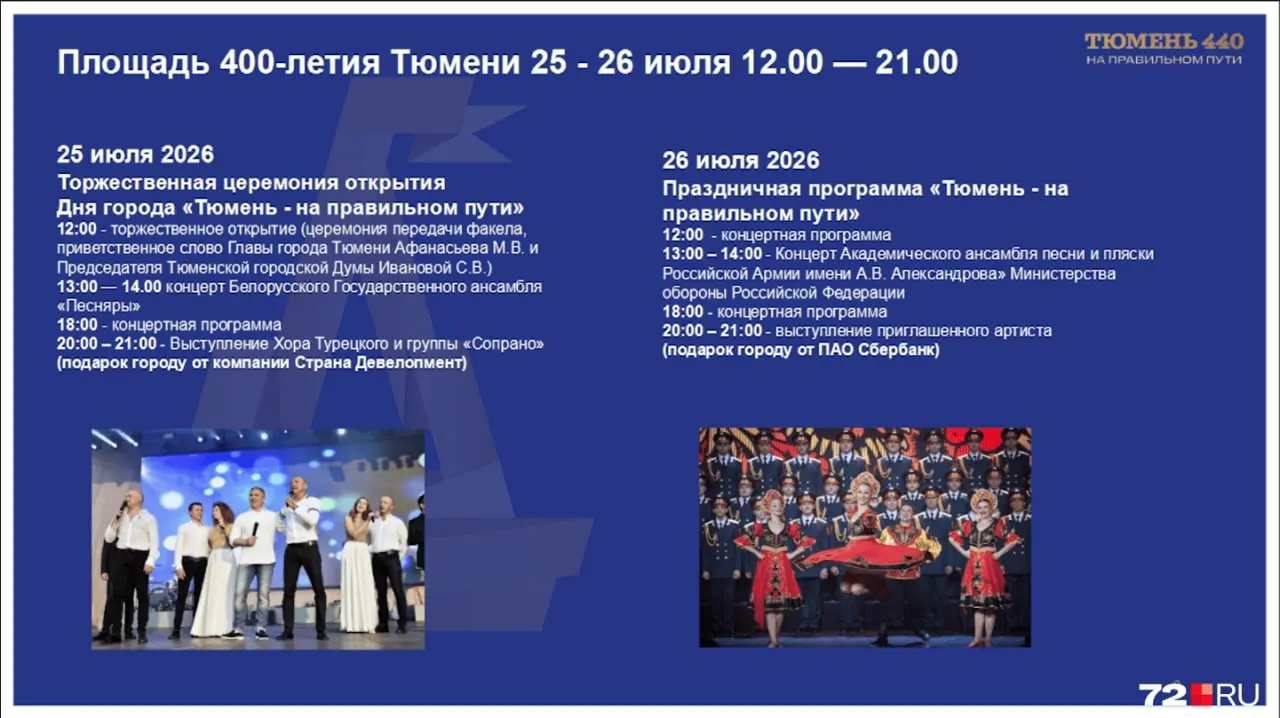 Празднование Дня города в Тюмени пройдет с 24 по 26 июля. Главная площадка — площадь 400‑летия Тюмени: концерты, выступления и ночной фестиваль фейерверков.