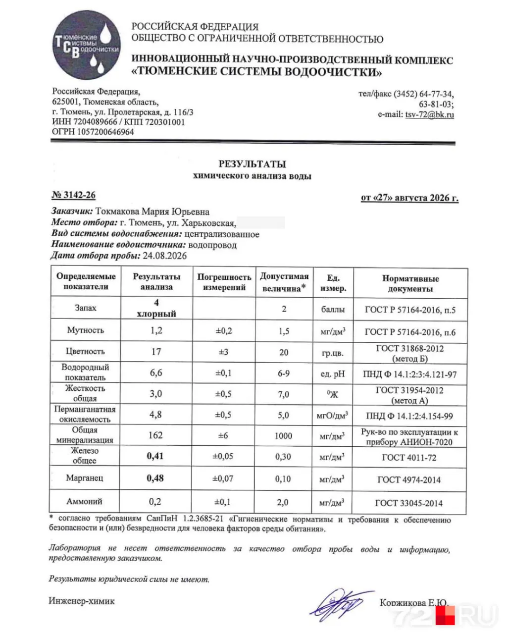 Июль–августовское исследование выявило три из десяти показателей, не соответствующие нормативам: запах, марганец и общее железо; без доочистки вода не пригодна для питья.