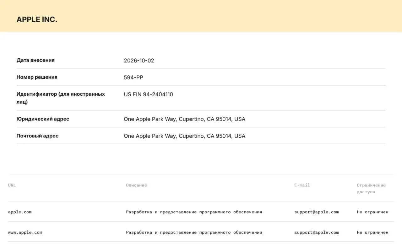 Роскомнадзор включил Apple и Microsoft в реестр организаторов распространения информации; компании обязаны хранить данные пользователей на серверах в РФ и передавать их по запросу силовикам.